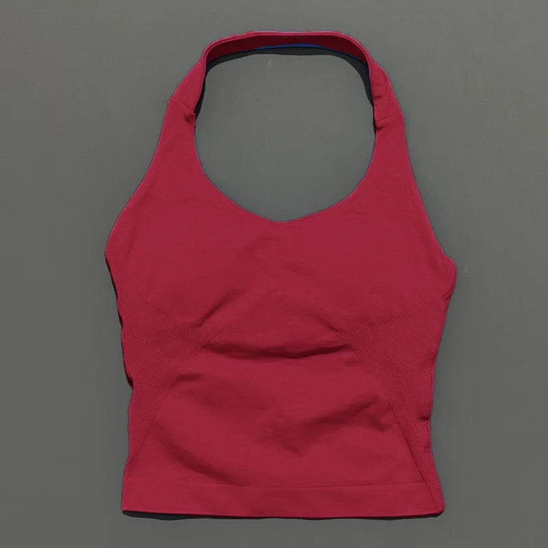 HISTELLO Impacts Halter Top Seamless Longline Strappy Gym Top Women Built-in Bra Removable Cups Activewear Yoga Tank Tops