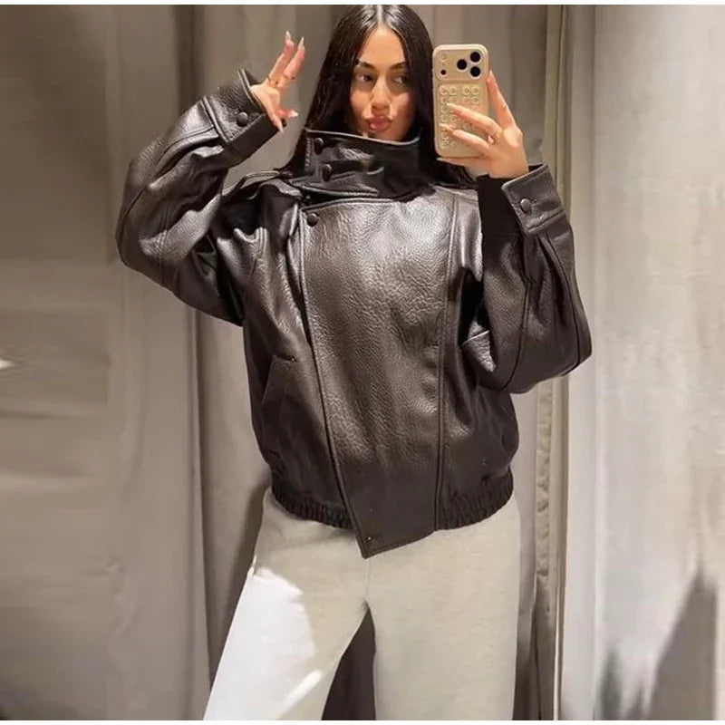 2026 Spring Women's Faux Leather Jacket Brown Black Long Sleeve Stand Collar Thick Loose Lady Coat Fashion Motorcycle Streetwear