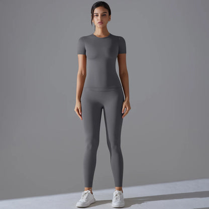 Yoga Set Women Workout Set Sportswear Gym Clothing Fitness Shorts Sleeve Crop Top High Waist Leggings Sports Suits
