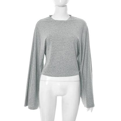 Women's Long Sleeve O-Neck Skinny T-Shirt Monochromatic Crop Top Casual Y2K Streetwear Fashion Pullover Summer Outfit