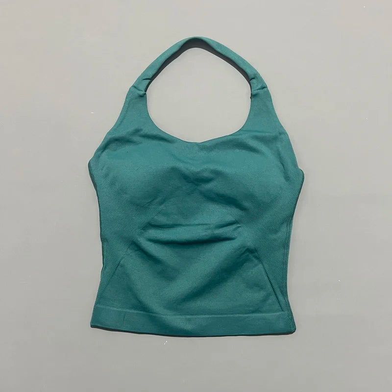 HISTELLO Impacts Halter Top Seamless Longline Strappy Gym Top Women Built-in Bra Removable Cups Activewear Yoga Tank Tops
