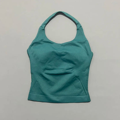 HISTELLO Impacts Halter Top Seamless Longline Strappy Gym Top Women Built-in Bra Removable Cups Activewear Yoga Tank Tops