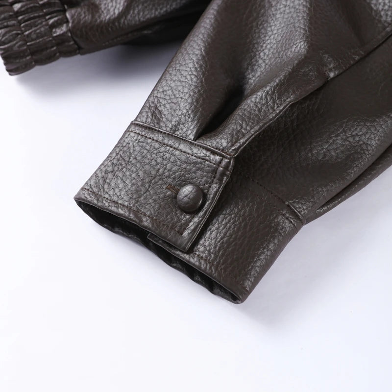 2026 Spring Women's Faux Leather Jacket Brown Black Long Sleeve Stand Collar Thick Loose Lady Coat Fashion Motorcycle Streetwear