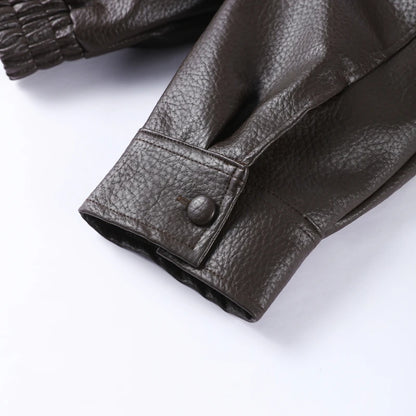 2026 Spring Women's Faux Leather Jacket Brown Black Long Sleeve Stand Collar Thick Loose Lady Coat Fashion Motorcycle Streetwear