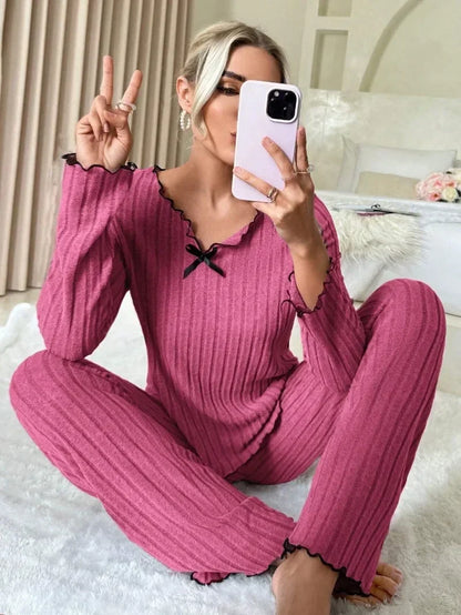 Flannel Warm Sleepwear Women Casual Pajamas Set Long Sleeve T-shirt Top and Trousers Set Homewear Autumn Winter Loungewear