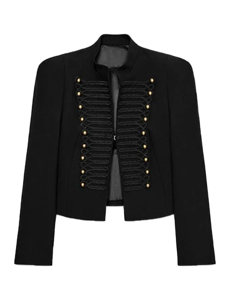 Elegant Women's Cropped Black Napoleon Jacket Shoulder Pads Stand Collar Full Sleeve Jackets 2026 Spring Lady Chic Commute Coat