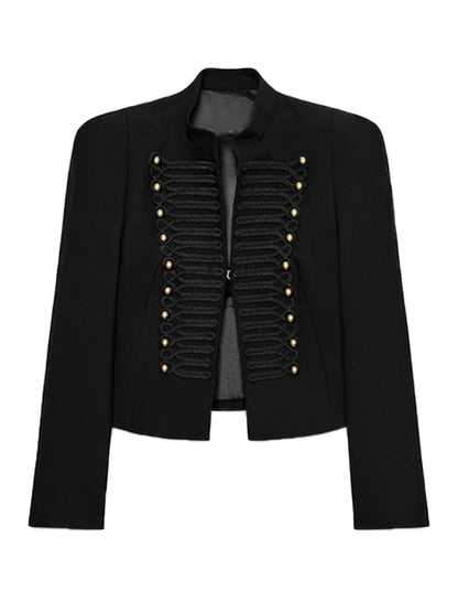 Elegant Women's Cropped Black Napoleon Jacket Shoulder Pads Stand Collar Full Sleeve Jackets 2026 Spring Lady Chic Commute Coat
