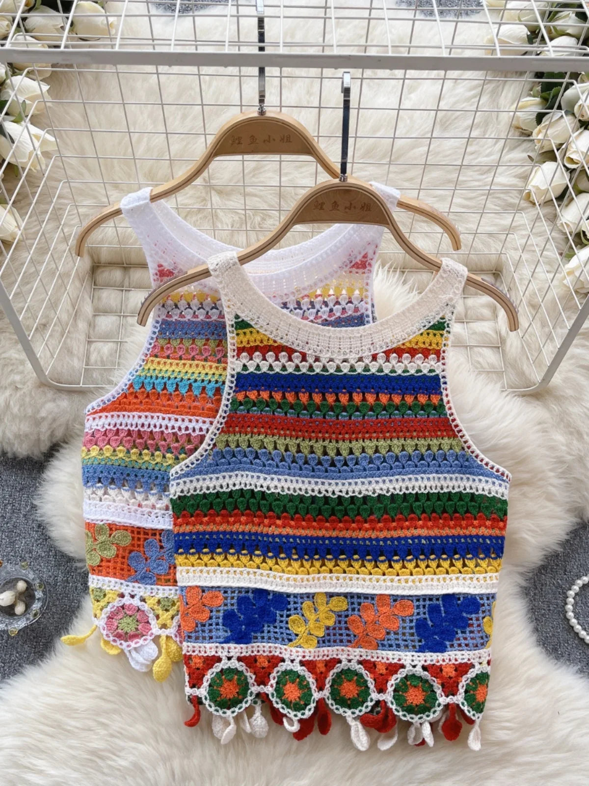 Bohemian Tank Tops Women Knitted Retro Crochet Design Colorful Short Vacation Strap Vest 2024 New Neck Hanging Outwear Tanks