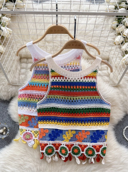 Bohemian Tank Tops Women Knitted Retro Crochet Design Colorful Short Vacation Strap Vest 2024 New Neck Hanging Outwear Tanks