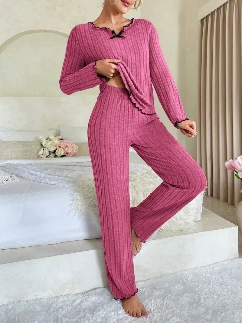 Flannel Warm Sleepwear Women Casual Pajamas Set Long Sleeve T-shirt Top and Trousers Set Homewear Autumn Winter Loungewear