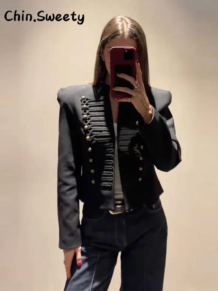 Elegant Women's Cropped Black Napoleon Jacket Shoulder Pads Stand Collar Full Sleeve Jackets 2026 Spring Lady Chic Commute Coat