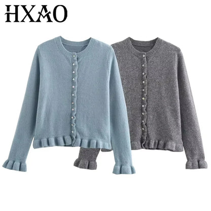HXAO Sweater Cardigans Ruffle Long Sleeve Knitted Cardigan For Women Autumn Bolero Knitwears Button-Down Bluey Gray Cardigan