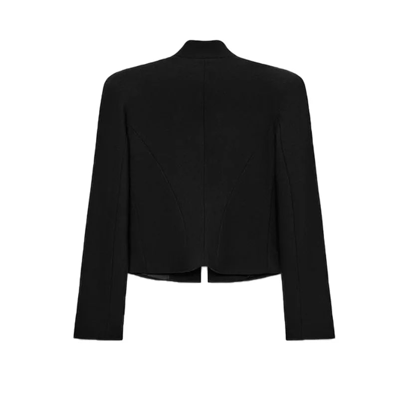 Elegant Women's Cropped Black Napoleon Jacket Shoulder Pads Stand Collar Full Sleeve Jackets 2026 Spring Lady Chic Commute Coat