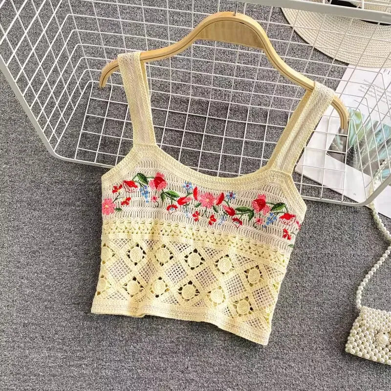 Bohemian Tank Tops Women Knitted Retro Crochet Design Colorful Short Vacation Strap Vest 2024 New Neck Hanging Outwear Tanks