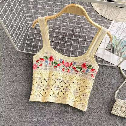 Bohemian Tank Tops Women Knitted Retro Crochet Design Colorful Short Vacation Strap Vest 2024 New Neck Hanging Outwear Tanks