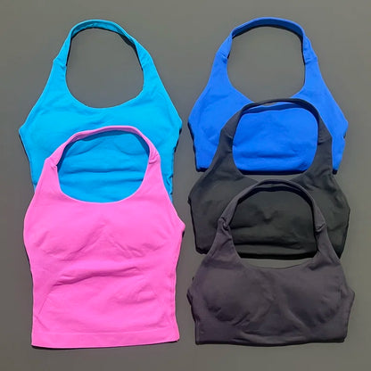 HISTELLO Impacts Halter Top Seamless Longline Strappy Gym Top Women Built-in Bra Removable Cups Activewear Yoga Tank Tops
