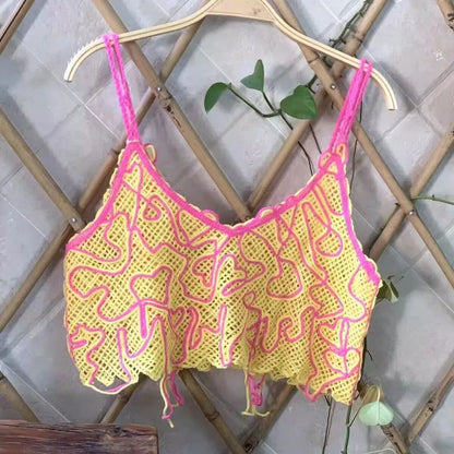 Bohemian Tank Tops Women Knitted Retro Crochet Design Colorful Short Vacation Strap Vest 2024 New Neck Hanging Outwear Tanks