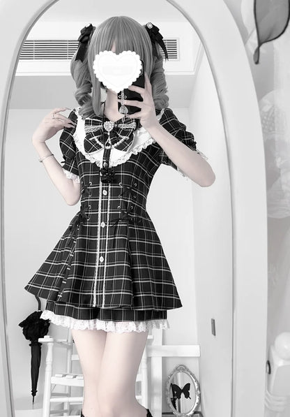 Japanese Y2 Aesthetics Vintage Bow Dress Shorts Set Women Gothic Lolita Style Long Sleeve Shirt Dress Elegant Party Dress Suits