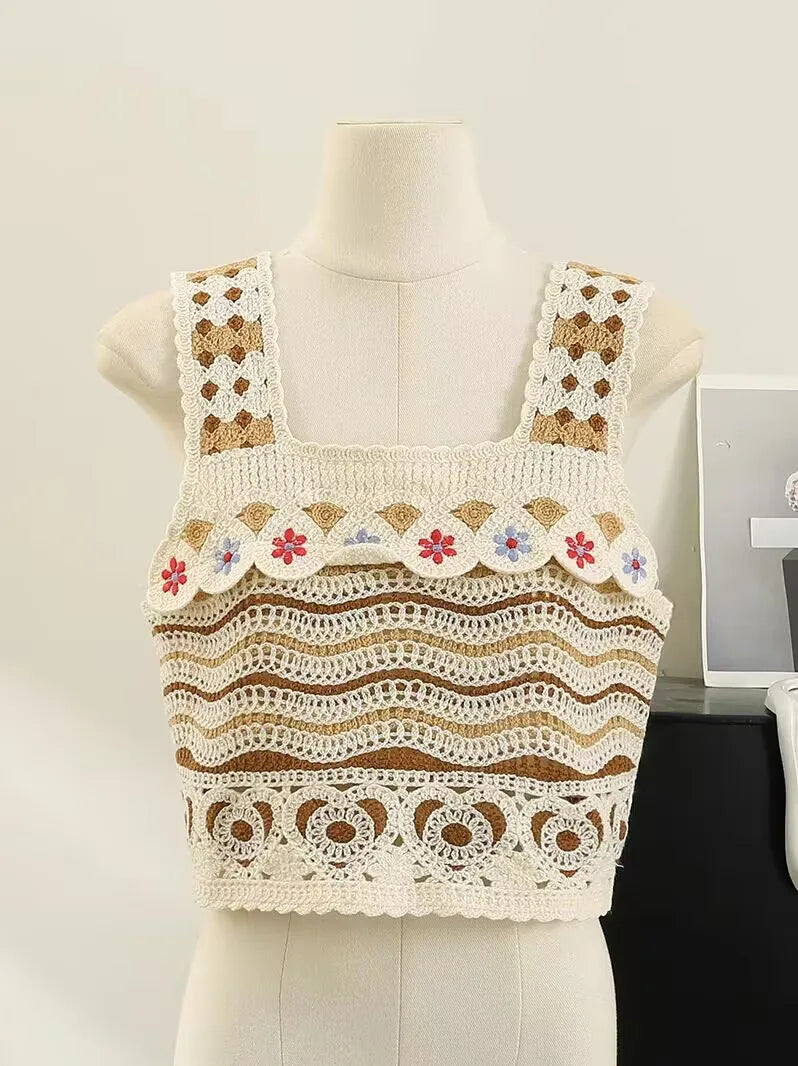 Bohemian Tank Tops Women Knitted Retro Crochet Design Colorful Short Vacation Strap Vest 2024 New Neck Hanging Outwear Tanks