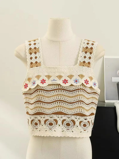 Bohemian Tank Tops Women Knitted Retro Crochet Design Colorful Short Vacation Strap Vest 2024 New Neck Hanging Outwear Tanks