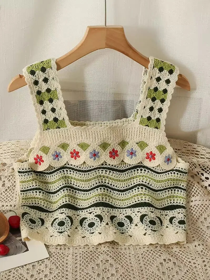 Bohemian Tank Tops Women Knitted Retro Crochet Design Colorful Short Vacation Strap Vest 2024 New Neck Hanging Outwear Tanks