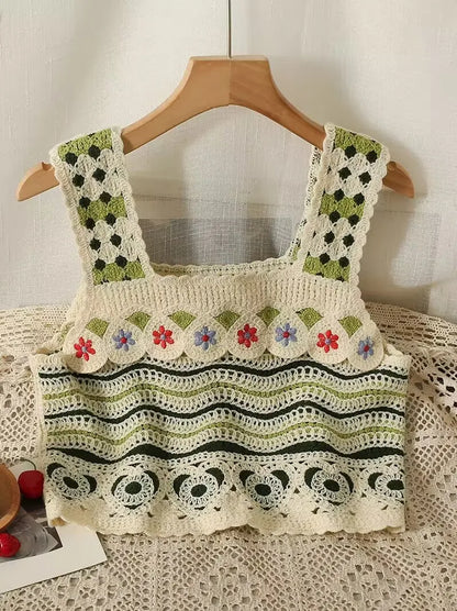 Bohemian Tank Tops Women Knitted Retro Crochet Design Colorful Short Vacation Strap Vest 2024 New Neck Hanging Outwear Tanks