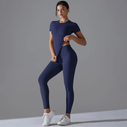 Yoga Set Women Workout Set Sportswear Gym Clothing Fitness Shorts Sleeve Crop Top High Waist Leggings Sports Suits