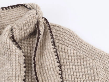 2025 Winter New Sweet and Fashionable Stand up Collar Long Sleeve Bow Decoration Knitted Sweater for Women