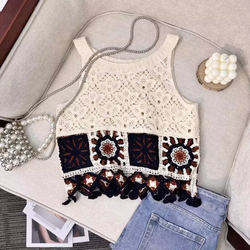Bohemian Tank Tops Women Knitted Retro Crochet Design Colorful Short Vacation Strap Vest 2024 New Neck Hanging Outwear Tanks