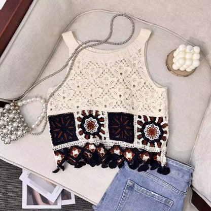 Bohemian Tank Tops Women Knitted Retro Crochet Design Colorful Short Vacation Strap Vest 2024 New Neck Hanging Outwear Tanks