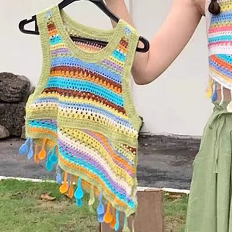 Bohemian Tank Tops Women Knitted Retro Crochet Design Colorful Short Vacation Strap Vest 2024 New Neck Hanging Outwear Tanks