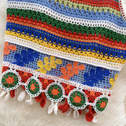Bohemian Tank Tops Women Knitted Retro Crochet Design Colorful Short Vacation Strap Vest 2024 New Neck Hanging Outwear Tanks