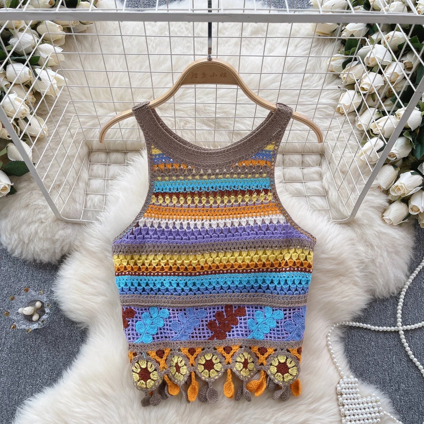 Bohemian Tank Tops Women Knitted Retro Crochet Design Colorful Short Vacation Strap Vest 2024 New Neck Hanging Outwear Tanks