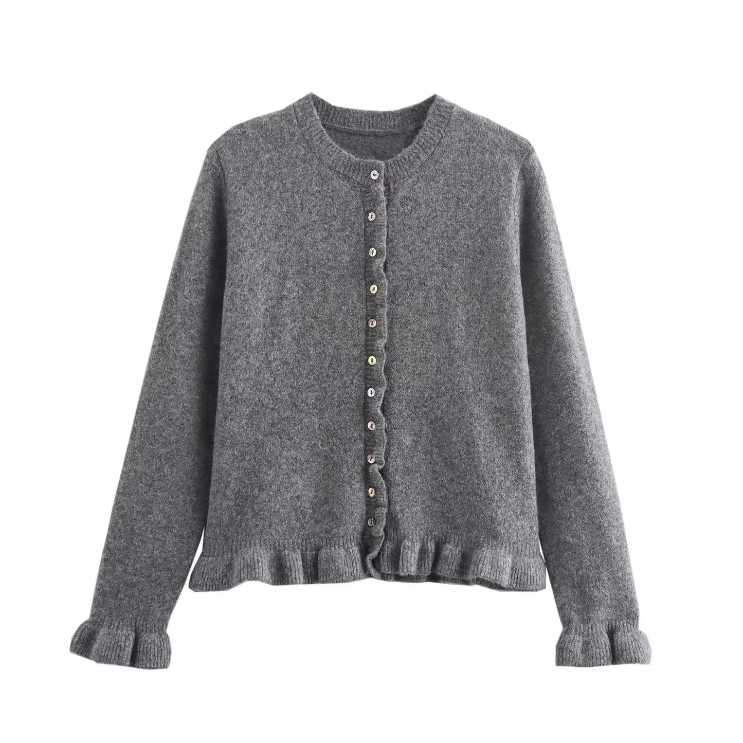 HXAO Sweater Cardigans Ruffle Long Sleeve Knitted Cardigan For Women Autumn Bolero Knitwears Button-Down Bluey Gray Cardigan