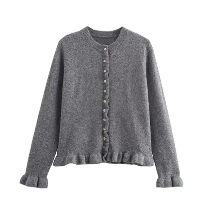 HXAO Sweater Cardigans Ruffle Long Sleeve Knitted Cardigan For Women Autumn Bolero Knitwears Button-Down Bluey Gray Cardigan