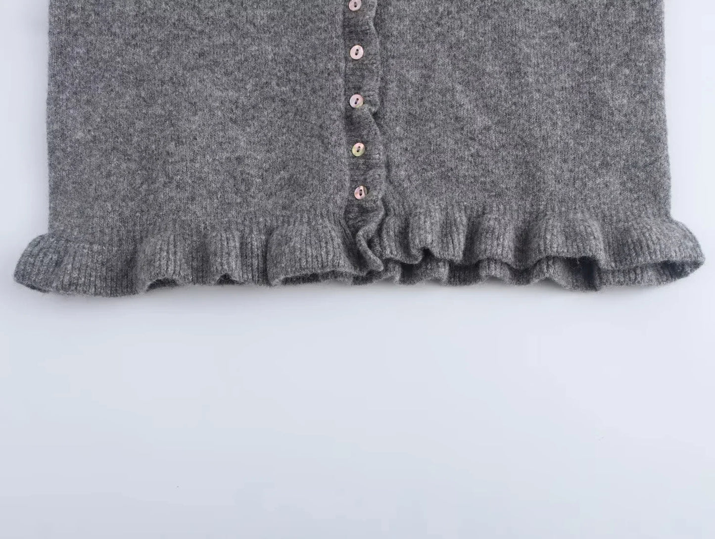 HXAO Sweater Cardigans Ruffle Long Sleeve Knitted Cardigan For Women Autumn Bolero Knitwears Button-Down Bluey Gray Cardigan