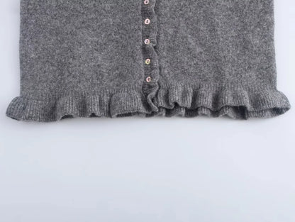 HXAO Sweater Cardigans Ruffle Long Sleeve Knitted Cardigan For Women Autumn Bolero Knitwears Button-Down Bluey Gray Cardigan