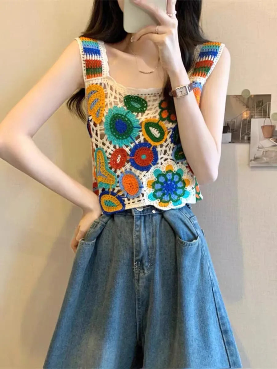 Bohemian Tank Tops Women Knitted Retro Crochet Design Colorful Short Vacation Strap Vest 2024 New Neck Hanging Outwear Tanks