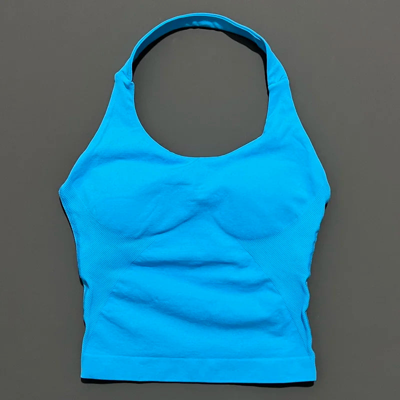 HISTELLO Impacts Halter Top Seamless Longline Strappy Gym Top Women Built-in Bra Removable Cups Activewear Yoga Tank Tops