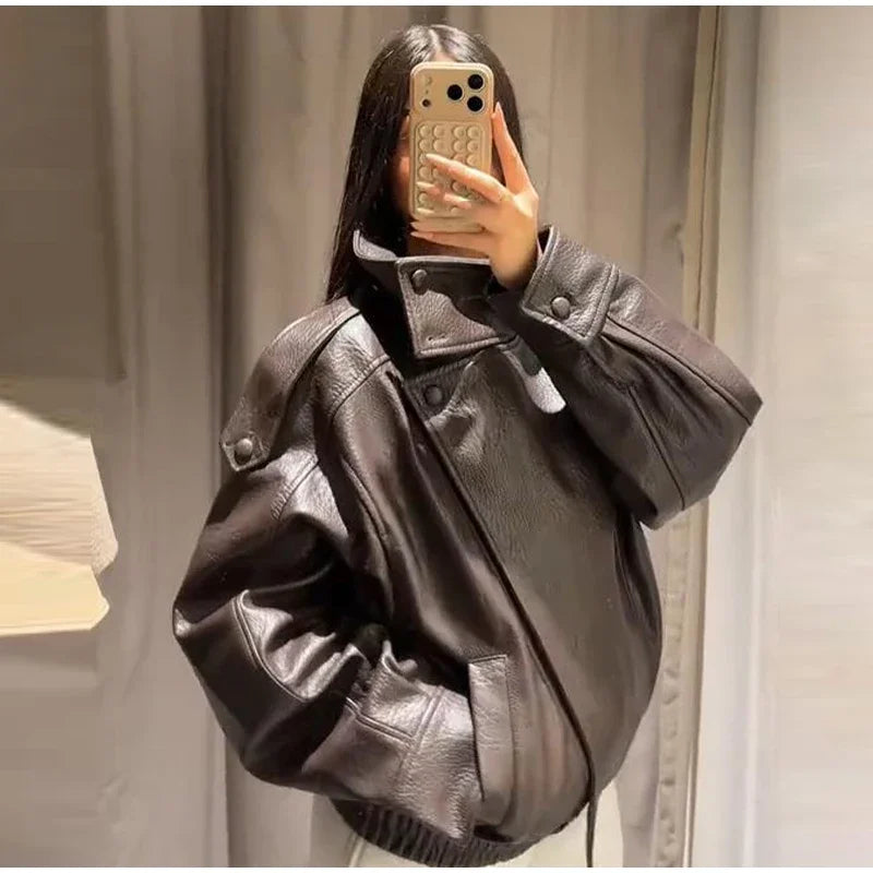 2026 Spring Women's Faux Leather Jacket Brown Black Long Sleeve Stand Collar Thick Loose Lady Coat Fashion Motorcycle Streetwear