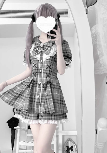 Japanese Y2 Aesthetics Vintage Bow Dress Shorts Set Women Gothic Lolita Style Long Sleeve Shirt Dress Elegant Party Dress Suits
