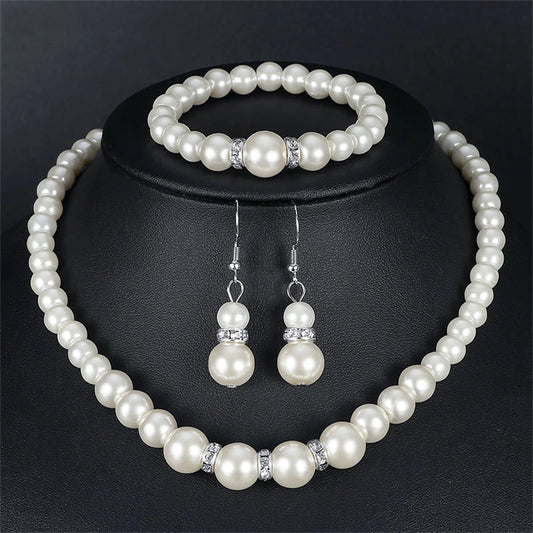 Pearl jewelry set Women's necklace earrings bracelet three-piece set for mother gift beautiful wedding photo accessories