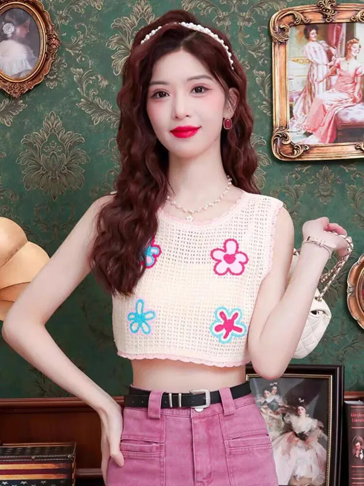 Bohemian Tank Tops Women Knitted Retro Crochet Design Colorful Short Vacation Strap Vest 2024 New Neck Hanging Outwear Tanks