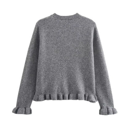 HXAO Sweater Cardigans Ruffle Long Sleeve Knitted Cardigan For Women Autumn Bolero Knitwears Button-Down Bluey Gray Cardigan