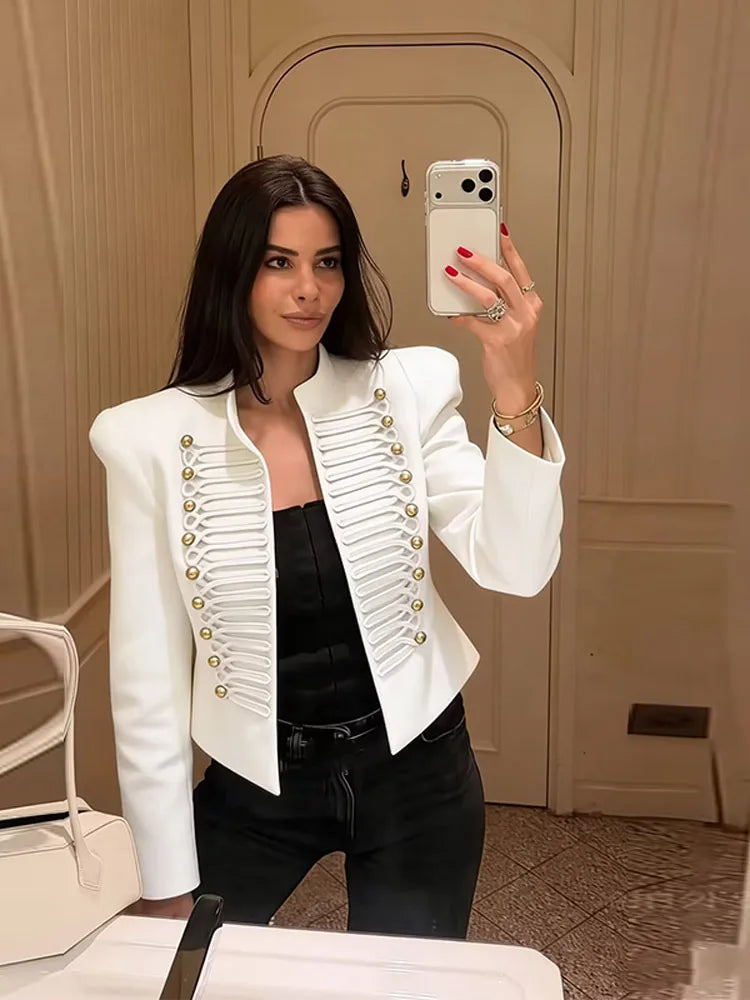 Elegant Women's Cropped Black Napoleon Jacket Shoulder Pads Stand Collar Full Sleeve Jackets 2026 Spring Lady Chic Commute Coat