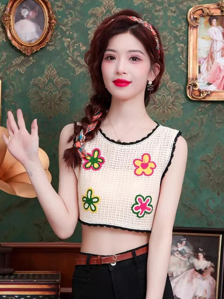 Bohemian Tank Tops Women Knitted Retro Crochet Design Colorful Short Vacation Strap Vest 2024 New Neck Hanging Outwear Tanks