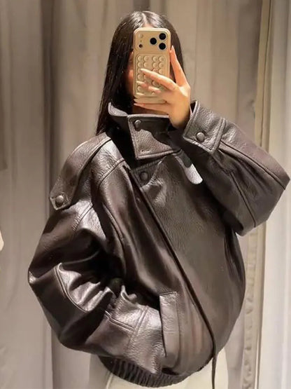 2026 Spring Women's Faux Leather Jacket Brown Black Long Sleeve Stand Collar Thick Loose Lady Coat Fashion Motorcycle Streetwear