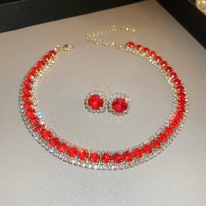 FYUAN Luxury Crystal Necklace Earrings Green Rose pink Blue Necklace for Women Weddings Party Jewelry Sets Accessories