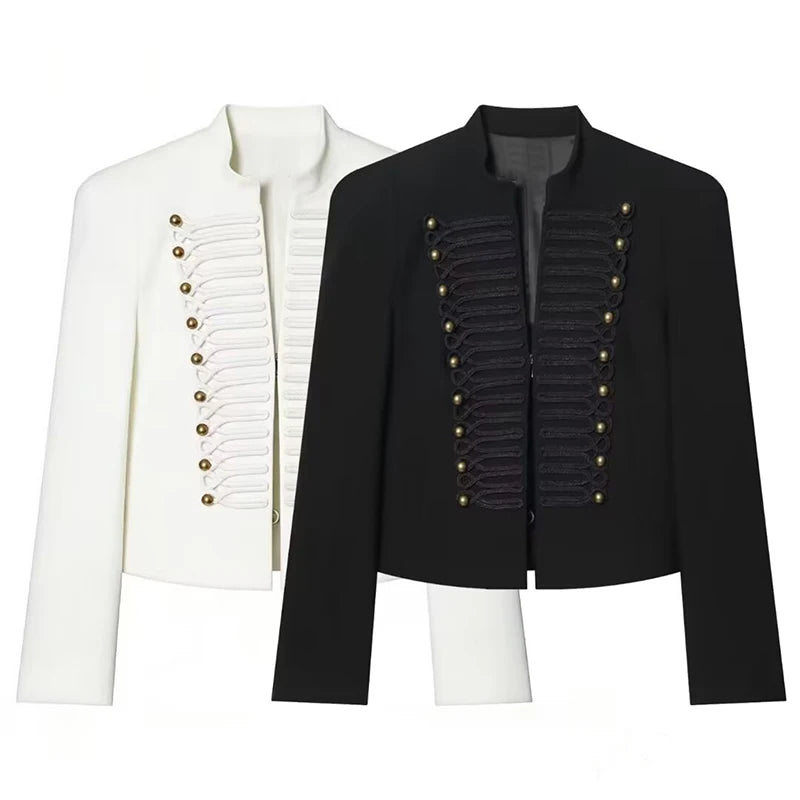 Elegant Women's Cropped Black Napoleon Jacket Shoulder Pads Stand Collar Full Sleeve Jackets 2026 Spring Lady Chic Commute Coat