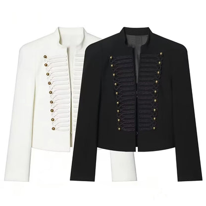 Elegant Women's Cropped Black Napoleon Jacket Shoulder Pads Stand Collar Full Sleeve Jackets 2026 Spring Lady Chic Commute Coat